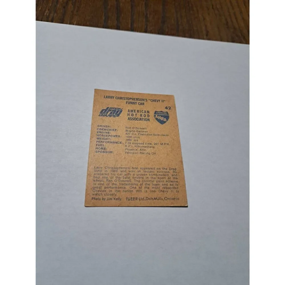 Vintage 1971 Fleer Larry Christopherson Funny Car #42 Drag Champs Trading Card